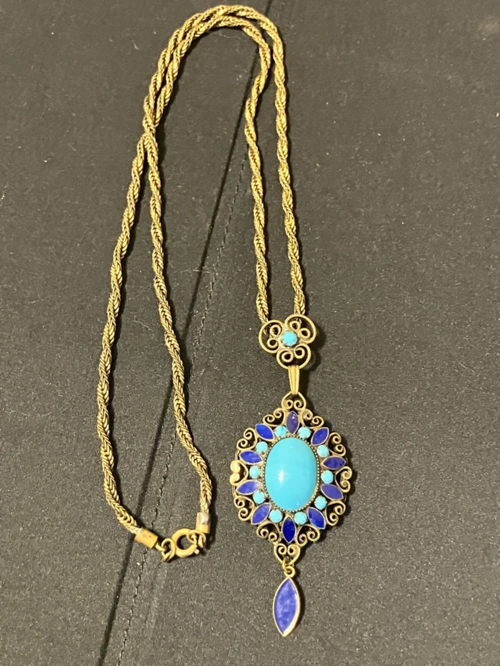 VTG Art Deco Filigree Brass Blue Enamel & Glass Pendant Necklace Neiger ? - Picture 1 of 4